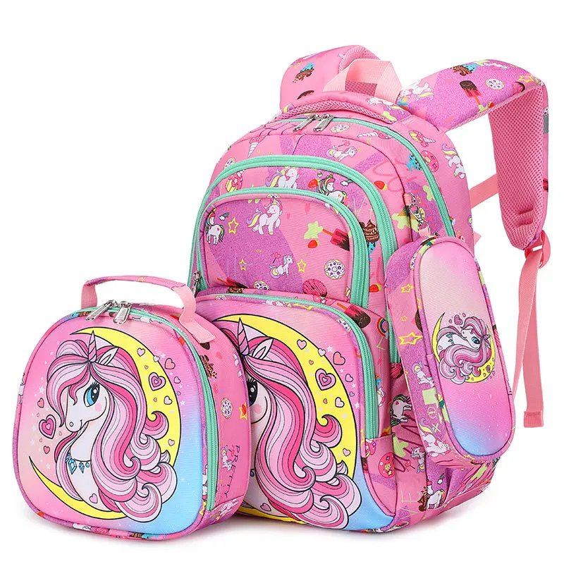 3pcs Set Girl Unicorn Pink Backpack BAG School Book Bags Students Multi Layer Lunch Bag Pencil Case Reflective Strip