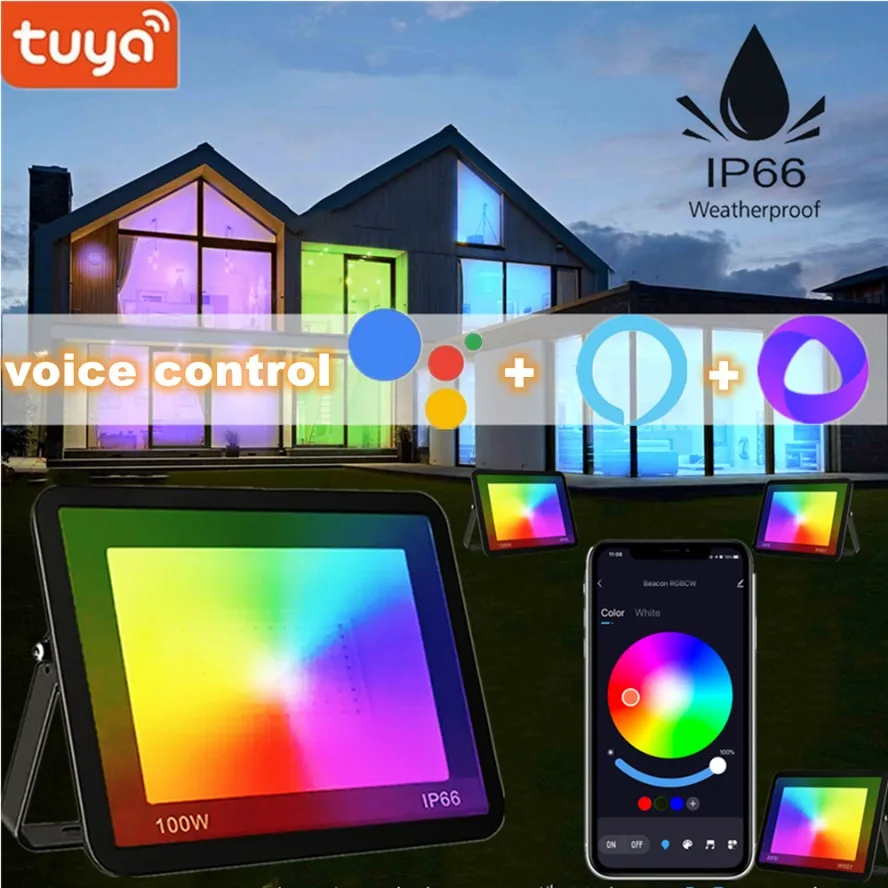 TUYA 스마트 앱 와이파이 음성 제어 RGB 투광 조명, 정원 파티 야외 조명 스포트라이트, IP66 3000-6500K, 30W, 50W, 100W, AC220V 