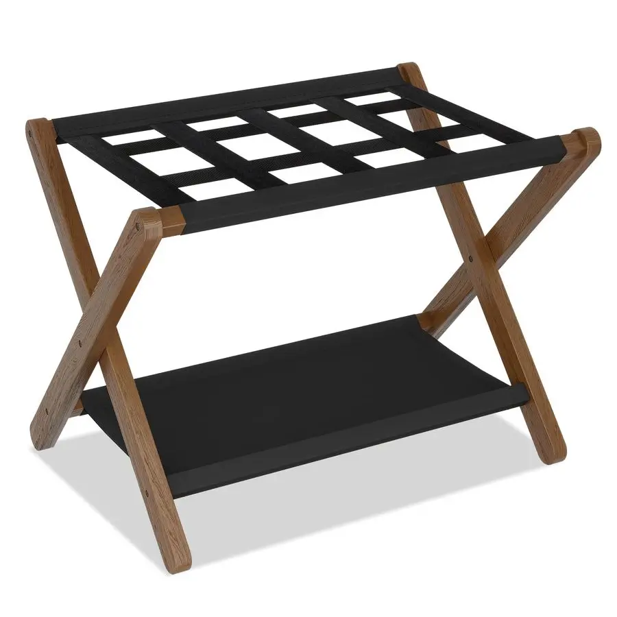 

Luggage Rack, Folding Suitcase Stand with Storage Shelf, Luggage Holder with 5 Nylon Straps for Guest Room Bedroom Hotel, Walnu