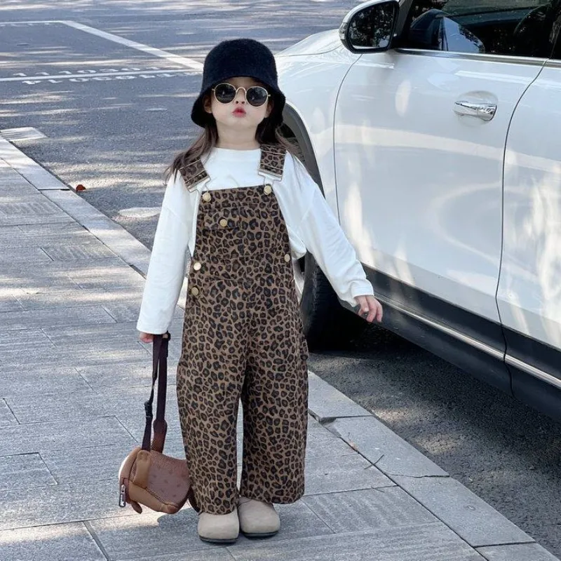 Girls Leopard Print Suspenders Pants Spring Autumn New Kids Fashion Overalls Jumpsuit Long Pants