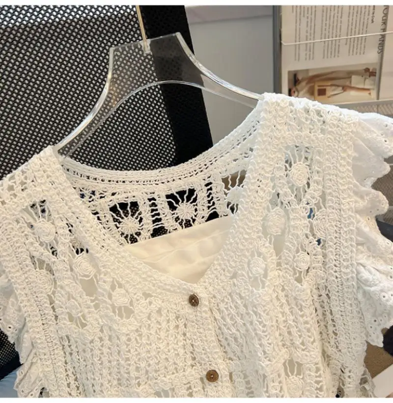 French Crochet Hollow Knit Vest Cardigan Women Summer Short Sleeve Sleeveless Lace Tops 2024 Casual Fashion Vest Two Piece Sets