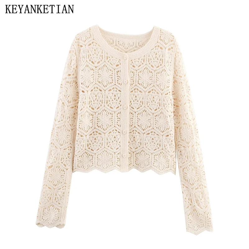 

KEYANKETIAN Summer New Women's Round Neck Long Sleeved Hollow Knitted Cardigan Crocheted Short Single Breasted Sweater For Women