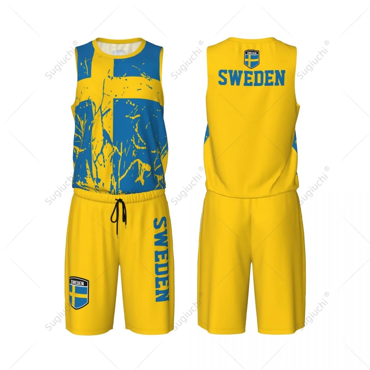 

Team-up Sweden Flag Grain Men Basketball Jersey Set Shirt & Pants Sleeveless Custom Name Nunber Exclusive