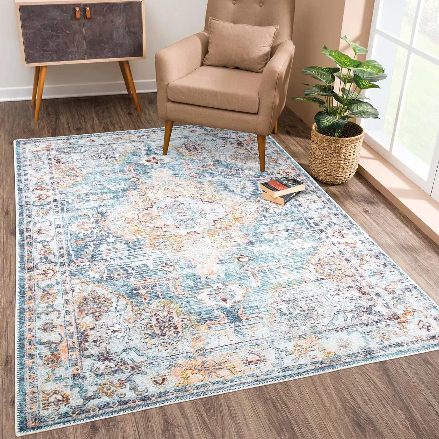 

Washable Non-Slip 9' x 12' Rug - Teal/Peach Traditional Area Rug for Living Room, Bedroom, Dining Room