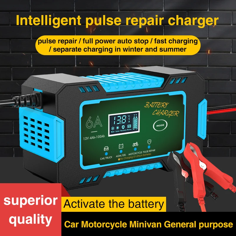 Anchtek Battery Charger 12V Pulse Repair LCD Display Smart Fast Charge AGM Deep cycle GEL Lead-Acid Charger For Motorcycle Car