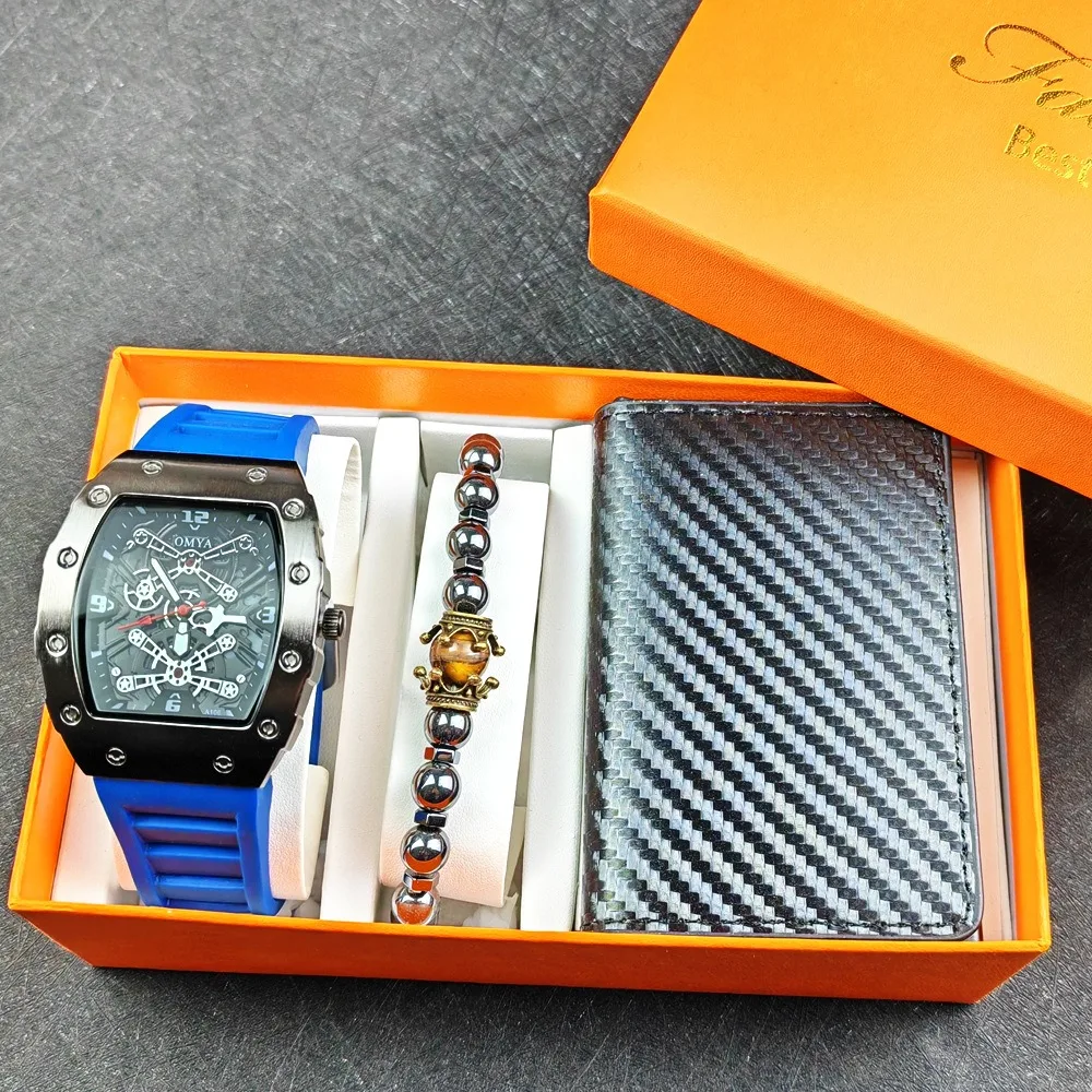 

4 шт./компл. модные спортивные часы OMYA, браслет, мужской кошелек с набором коробок, кварцевые часы с полым циферблатом, подарок для мужчин, Reloj Hombre Reloj