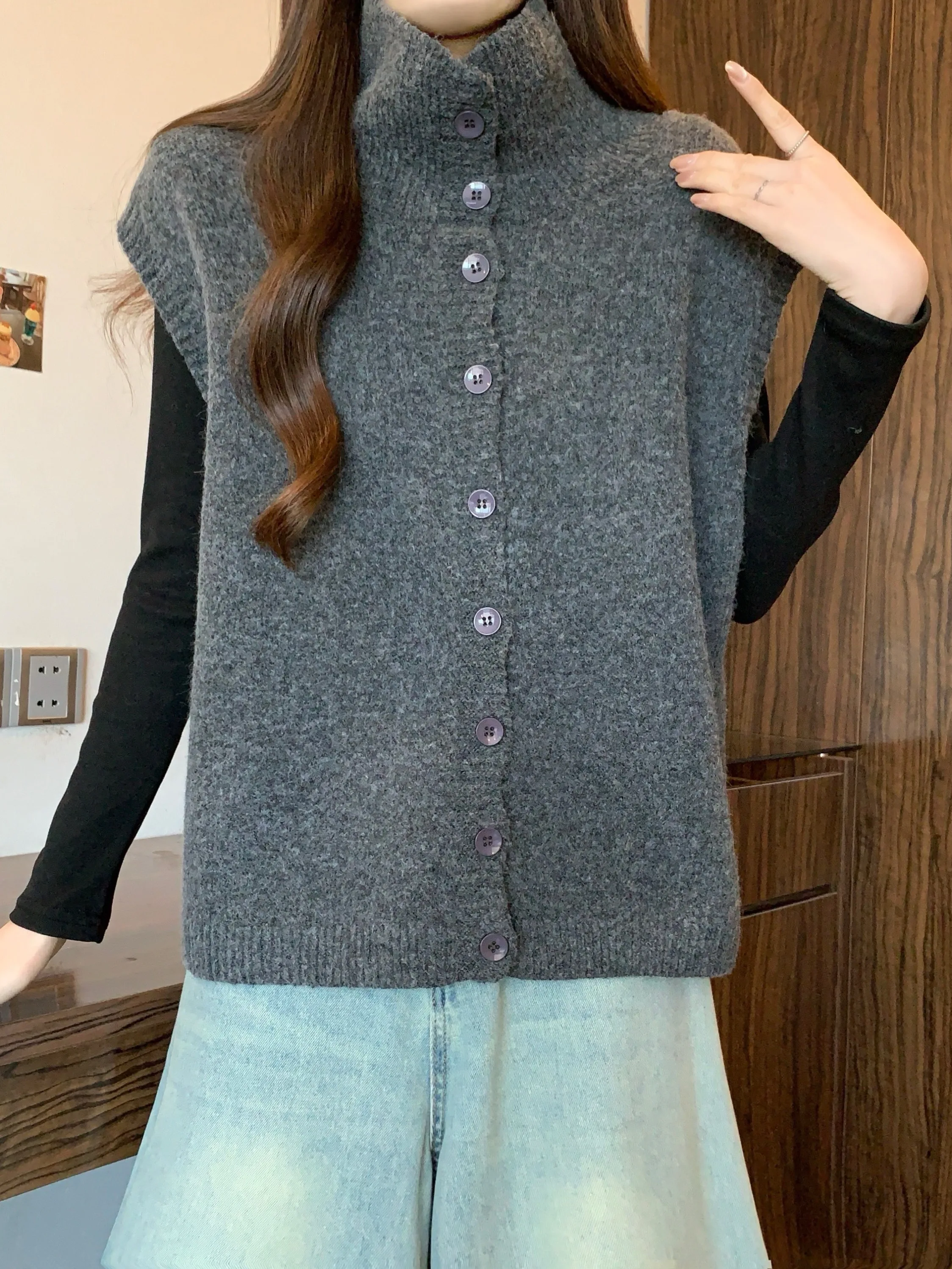 เสื้อคาร์ดิแกนไหมพรมสีแดง Cisas แบบเปิด ทรงหลวม แขนยาว คอสูง ถักนิตติ้ง สำหรับผู้หญิง แฟชั่นฤดูใบไม้ร่วงและฤดูหนาว