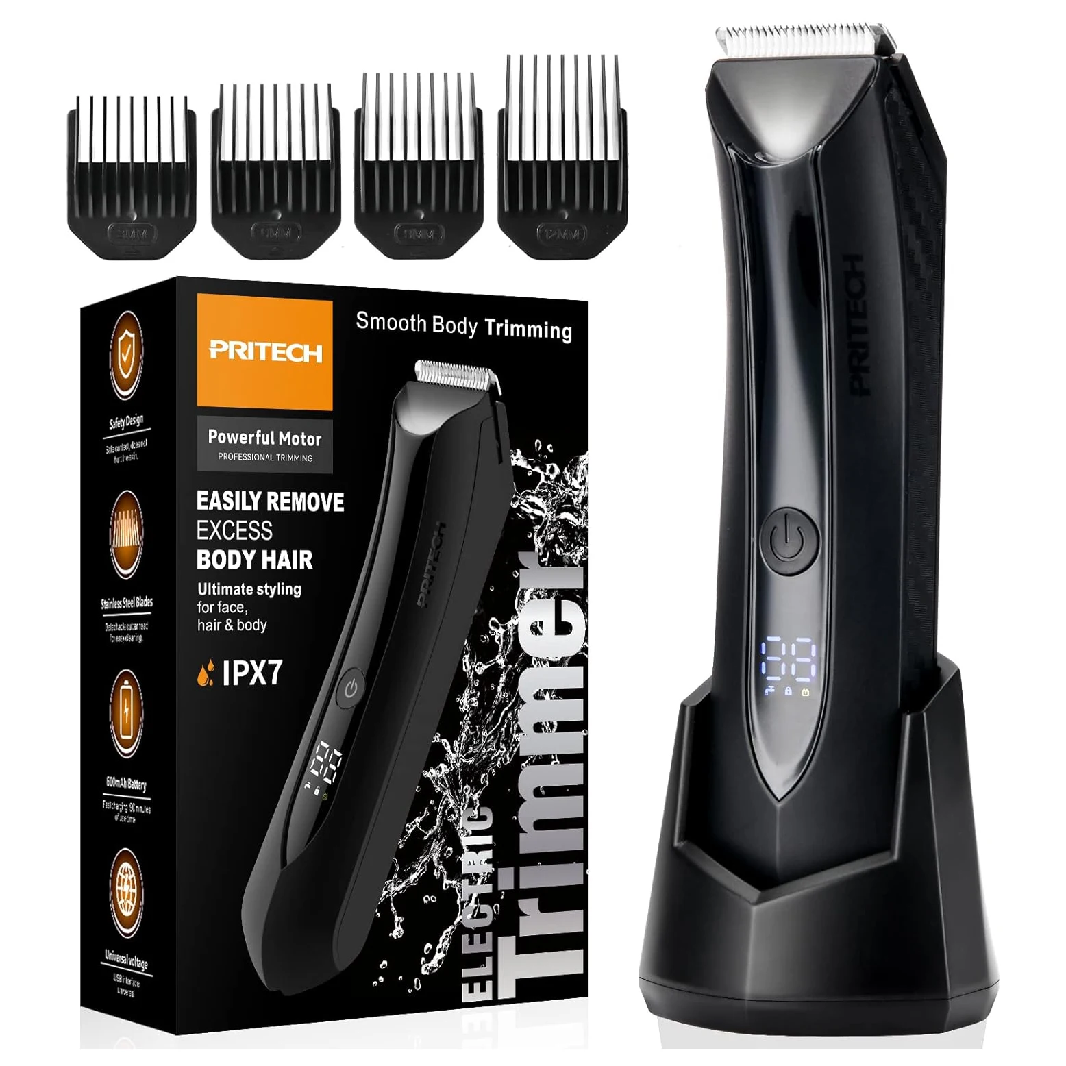 PRITECH Mens Body Hair Trimmer - Rechargeable Cordless Groin/Ball Trimmer with Ceramic Blade, Wet & Dry, Standing Recharge Dock