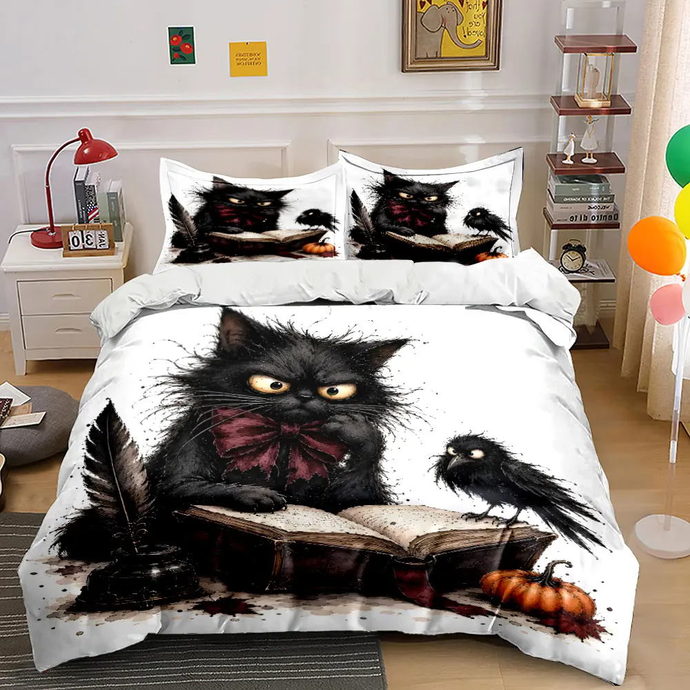 A black cat and a crow pondering over an old book Print Bedding set 3PC 1 duvet cover 2 pillowcases adult children bedding set
