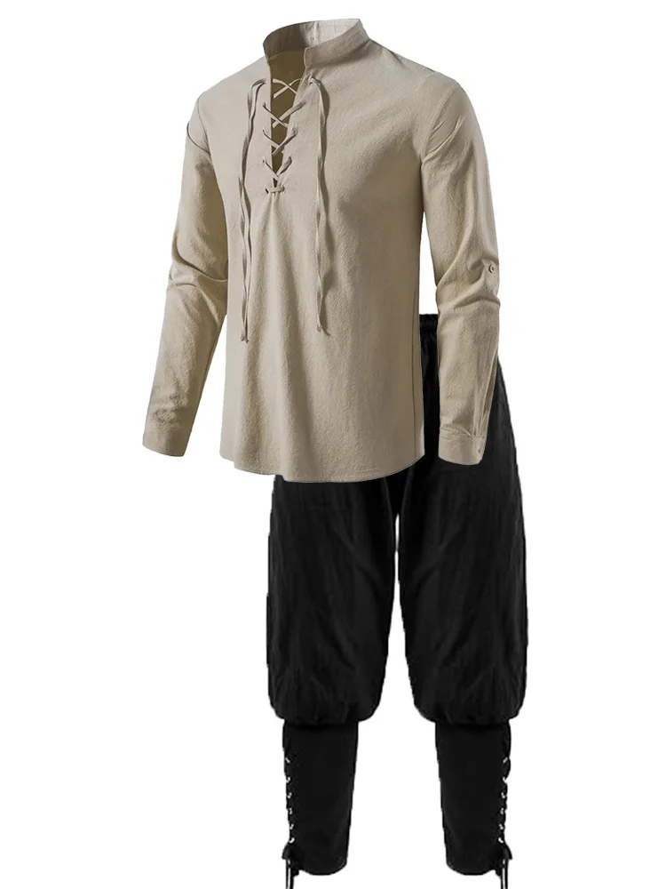 Conjunto de disfraz de caballero Medieval para hombre, camisa pirata renacentista, pantalones con bandas en el tobillo para Halloween, tela de lino y algodón, 2 piezas