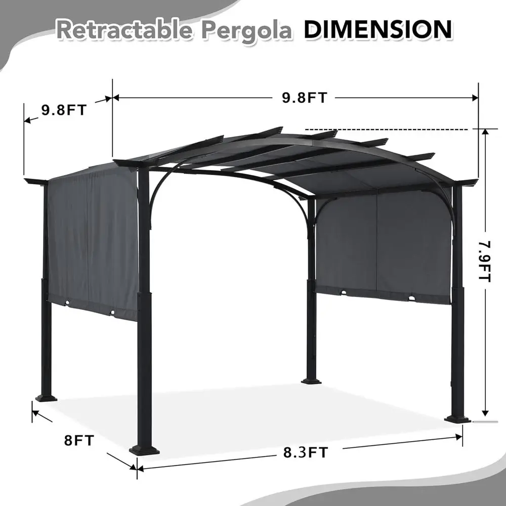 10x10 Heavy Duty Pergola with Sun Shade, Grey | Steel, Rod Slider, 2-Side Shade Adjust, Arched Ripstop, UP 50+, Fade-Resistant