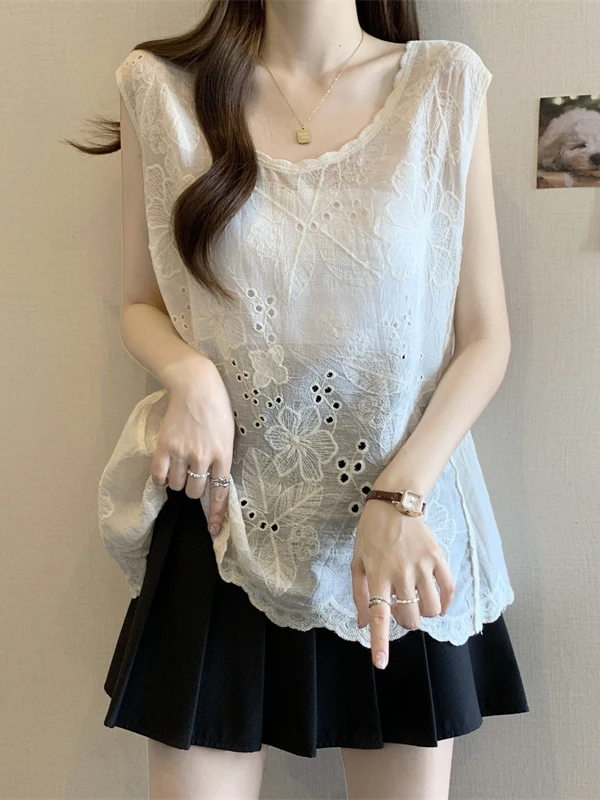 Lace Hollow out Strap Vest Women's Outerwear Summer plus Size Loose Pure Desire Semi-Transparent Top Layering Cover up