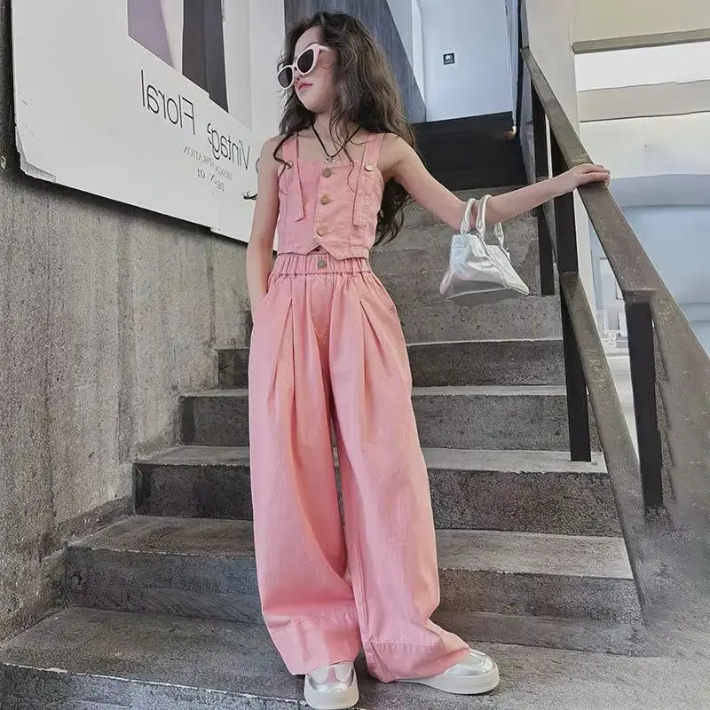 New Fashion Girls Summer Outfit Kids Stylish Denim Top Wide Leg Pants 2PCS Children Casual Clothing
