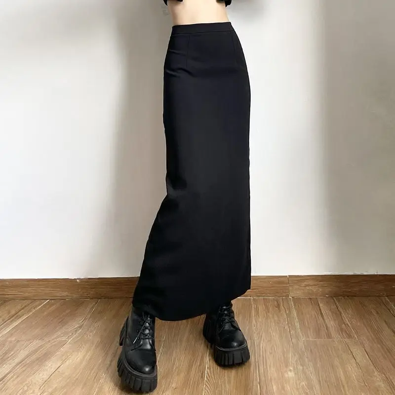 Black Long Skirts Women Cool Personality Pure Chic Back-slit Designed High Waist Elegant Office Lady Korean Fashion Clothing Ins