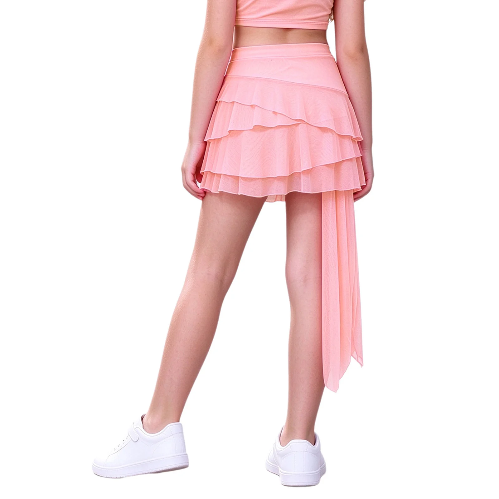 Kids Girls Mesh Half Skirt Asymmetrical Tiered Ruffle Tulle Flowy Drape Skirt with Built-in Shorts Dance Performance Mini Skirt