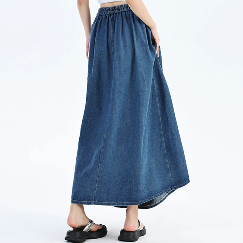 Women High Waist Fashion Loose Denim Skirt Girls Long Pleated A Line Dress Female Elegant Deep Blue Light Blue Skirts Large Size