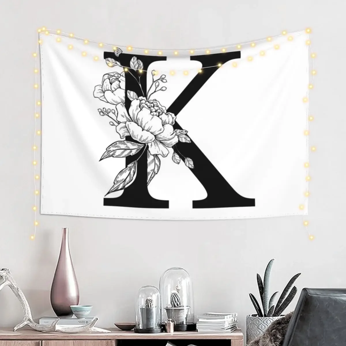 K Botanical Monogram. Detailed Peony Drawing Tapestry Decoration Aesthetic Aesthetics For Room Decoration For Rooms Tapestry