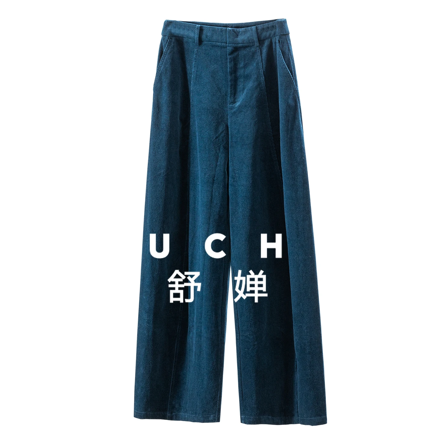 

95% Cotton Peacock Blue Corduroy High Waist Straight Wide Leg Pants Women's 62E3 Pantalones De Mujer