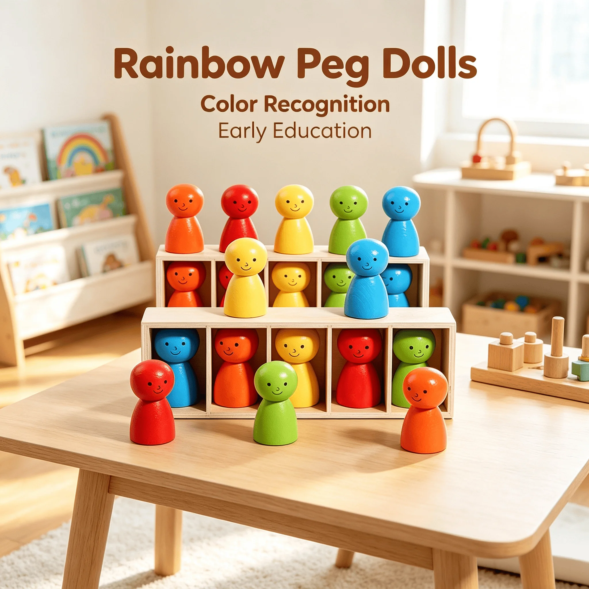 Montessori Rainbow Wooden Dolls Toy Set - 10 Piece Color Sorting & Recognition Educational Playset for Kids Wooden Puzzle 3+Y