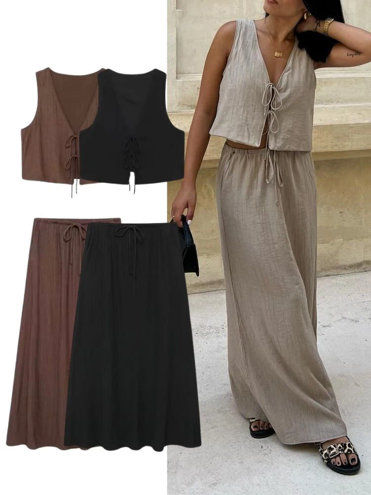 HH-Conjunto de falda y chaleco liso Vintage para mujer, chaleco corto con lazo elegante y falda informal con cordón de cintura alta, ropa de calle
