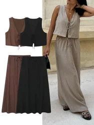 HH Woman Vintage Solid Vest Skirt Sets Elegant Bow Lace-Up Crop Vest+High Waist Drawstring Casual Skirt Streetwear Outfit