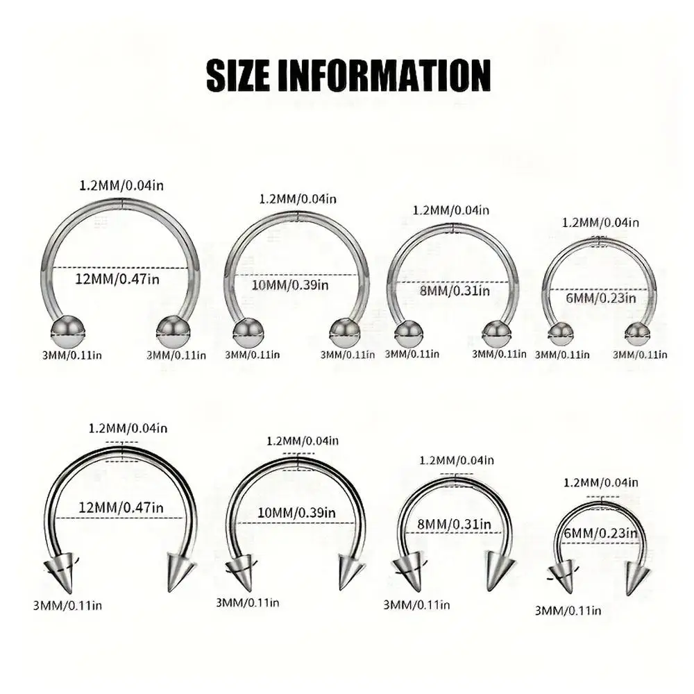 8pcs Set Horseshoe Septum Rings Surgical Steel Nose Shiny Body Piercing Jewelry Earring Hoop Eyebrow Lip Retainer 8mm 10mm 12mm