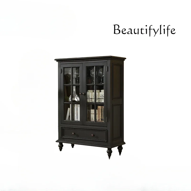 

American cream style solid wood wine cabinet white simple living room against the wall household glass door locker