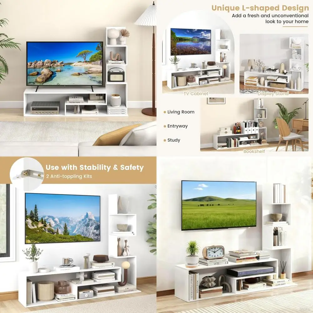 

Современная L-образная тумба под телевизор для телевизоров 32-50 дюймов с местом для хранения и 3-ярусной полкой, деревянный консольный столик для гостиной или спальни