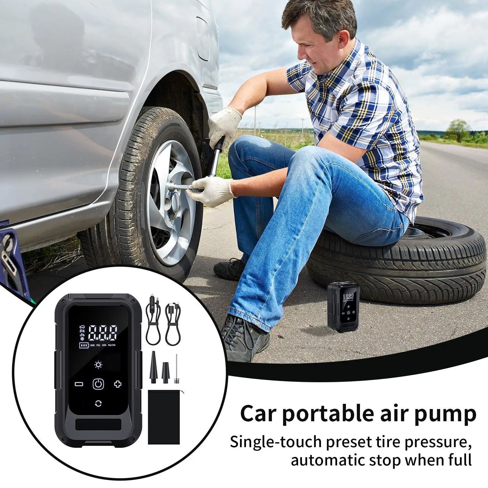 

Air Pump Cordless Tire Inflator Digital Display Rechargeable Pump For Camping Vehicle Road Trip Home Daily Commuting