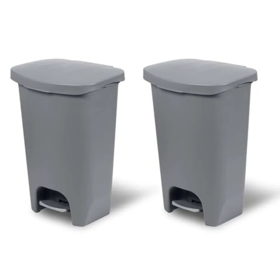 

2 Pack 13 Gal Plastic Kitchen Waste Bin with Odor Protection Lid and Hands-Free Step-On Foot Pedal Grey Garbage Bag Rings