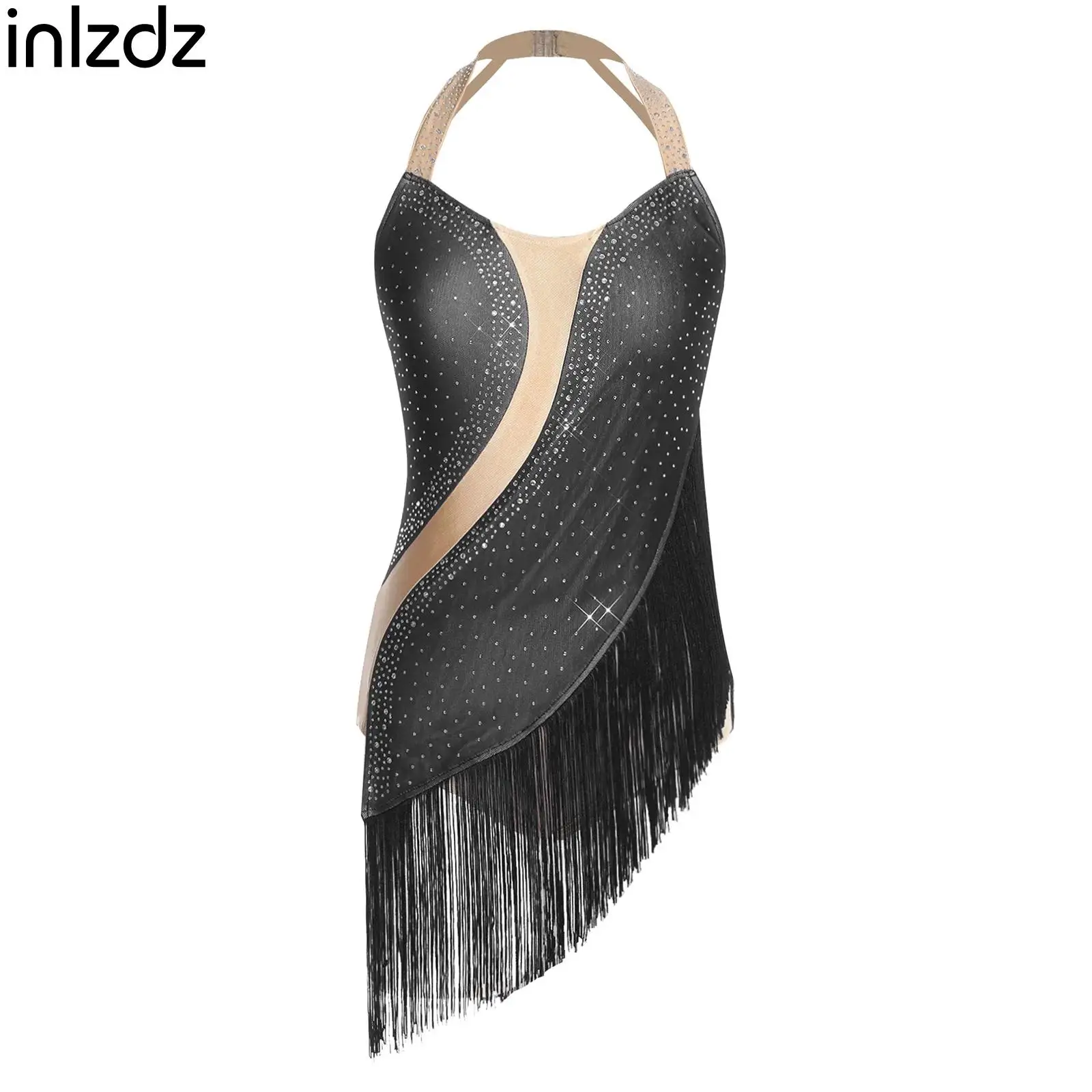

Rhinestone Tassel Gymnastics Latin Jazz Dance Bodysuit Womens Tango Cha-cha Rumba Costumes Halter Backless Leotard Dancewear