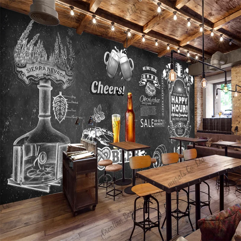 Custom Hand-painted Blackboard Beer Wallpaper Industrial Decoration Mural Restaurant Bar Club Background Wall Paper Papel Tapiz