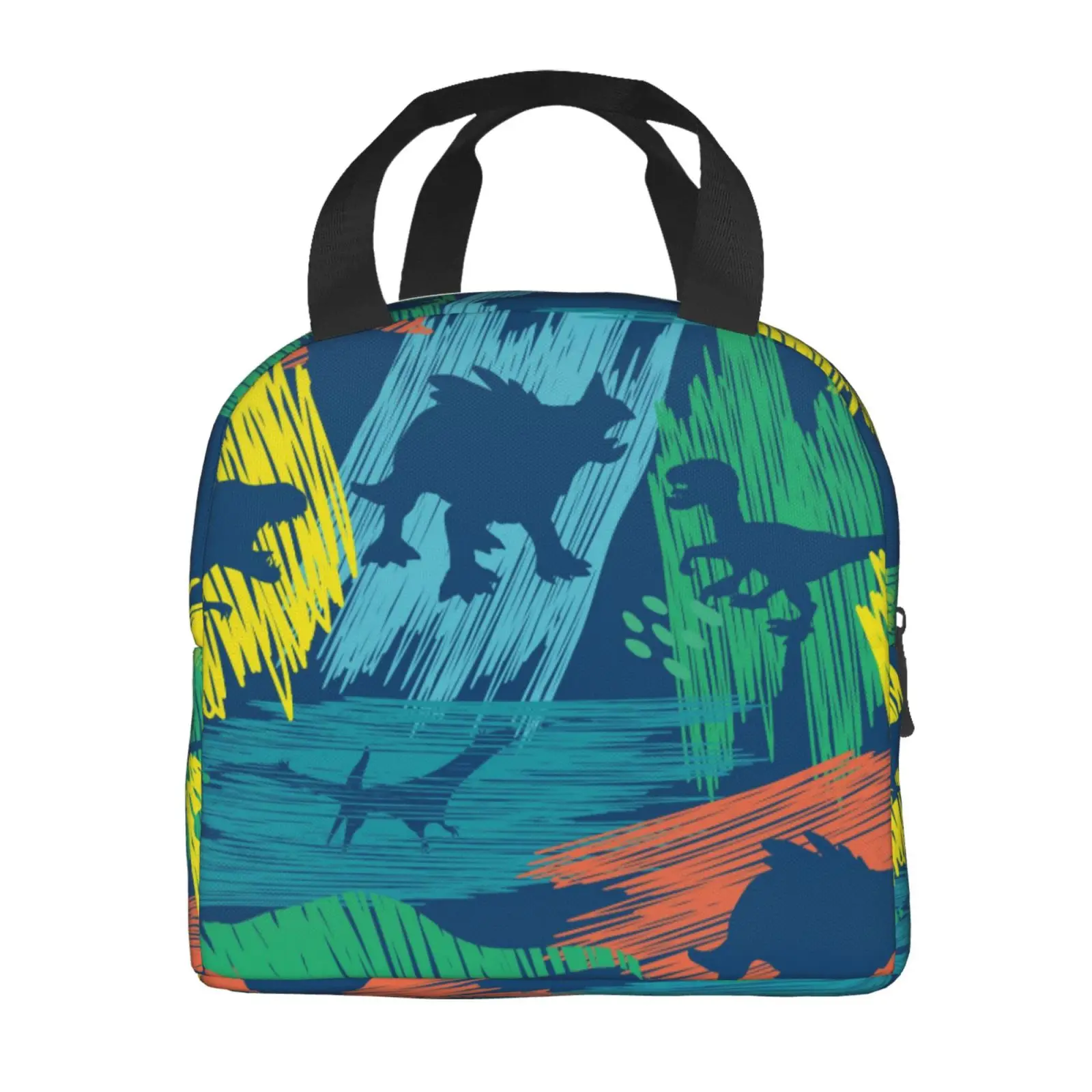 Graffiti Colorful Dinosaur Silhouette Print Insulated Lunch Bag, Portable Thermal Cooler Handbag for Work Picnic Travel