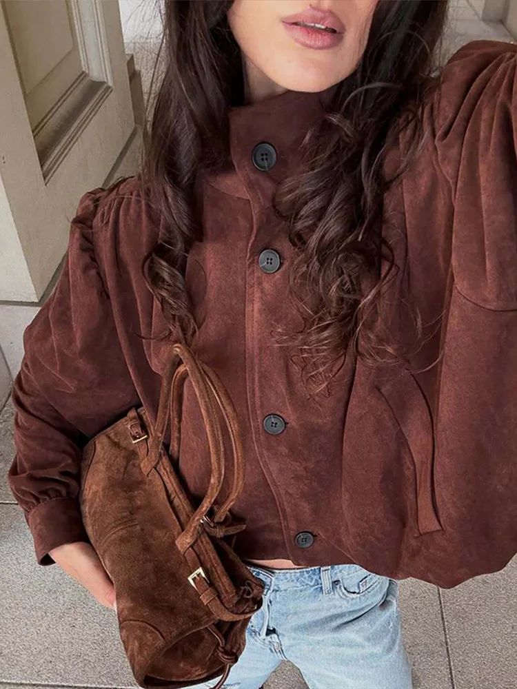 

Fashion Women's Suede Coat Long Sleeve Stand Collar Button Pleated Lady Jackets 2025 Summer Autumn Casual Female Street Outwear