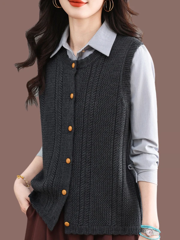 

Women's Knitted Vest Top round Ne Svel Woolen Cardigan Spring Faion Mommy Versatile Slimming Soft Wool Blend