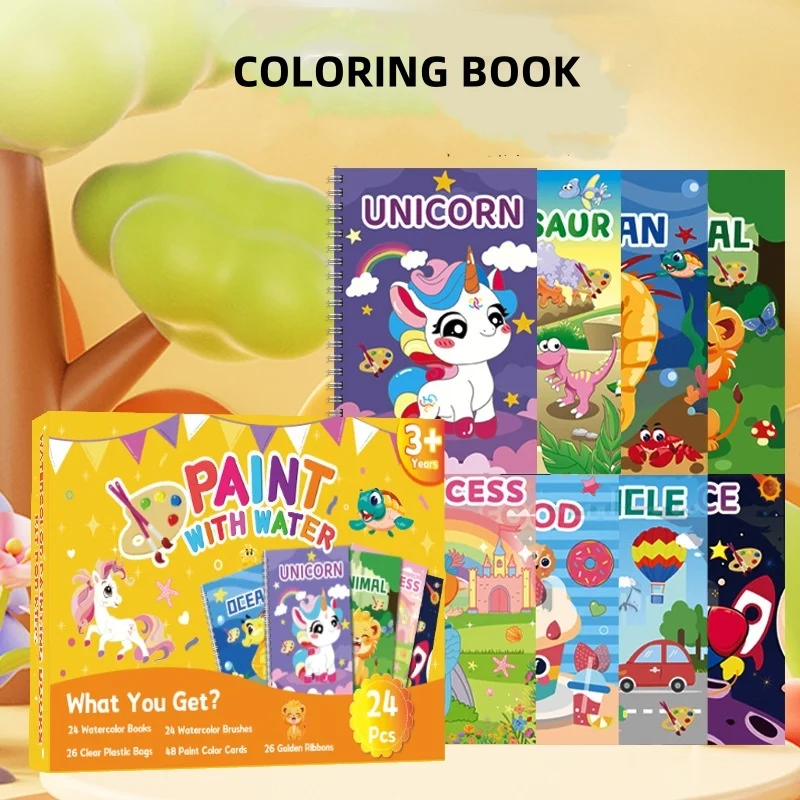 Reusable Watercolor Coloring Book for Toddlers Kids with Paints, Animal Designs, Water-Activated Magic Painting Pages