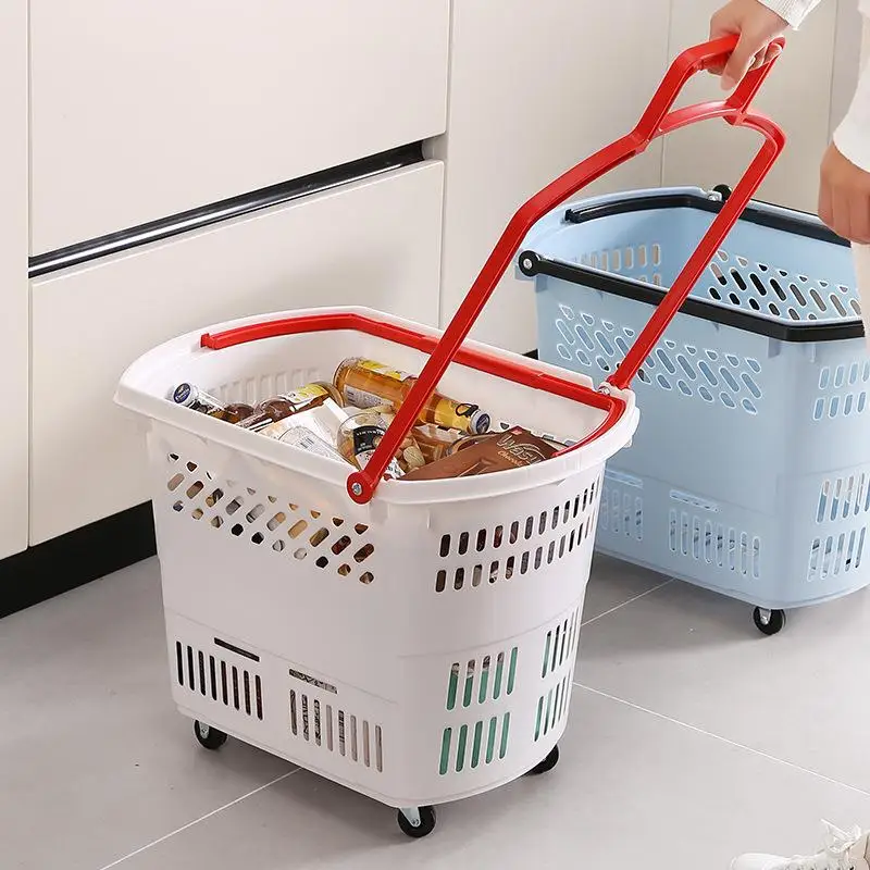 

op Basket with Pull Rod And Frame Wheels Vegetable Bung Handheld Basket cery op Cart Home Storage Organizer