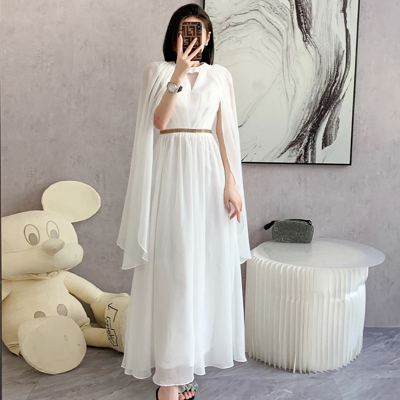 New Chiffon Fashion Elegant Long Batwing Sleeve White Dress Slim Ball Gown Evening Party Women Summer Floor Length Maxh Dresses