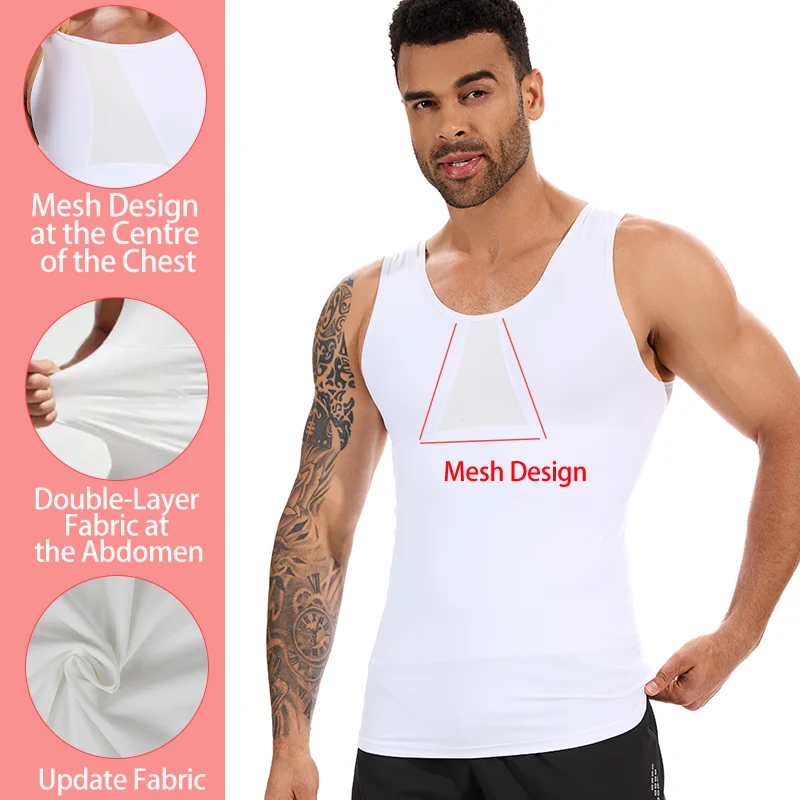 Men Compression Tank Top Slimming Shapewear Double Layer Tummy Control Breathable Mesh Bust Body Shaper High Elastic Undershirt