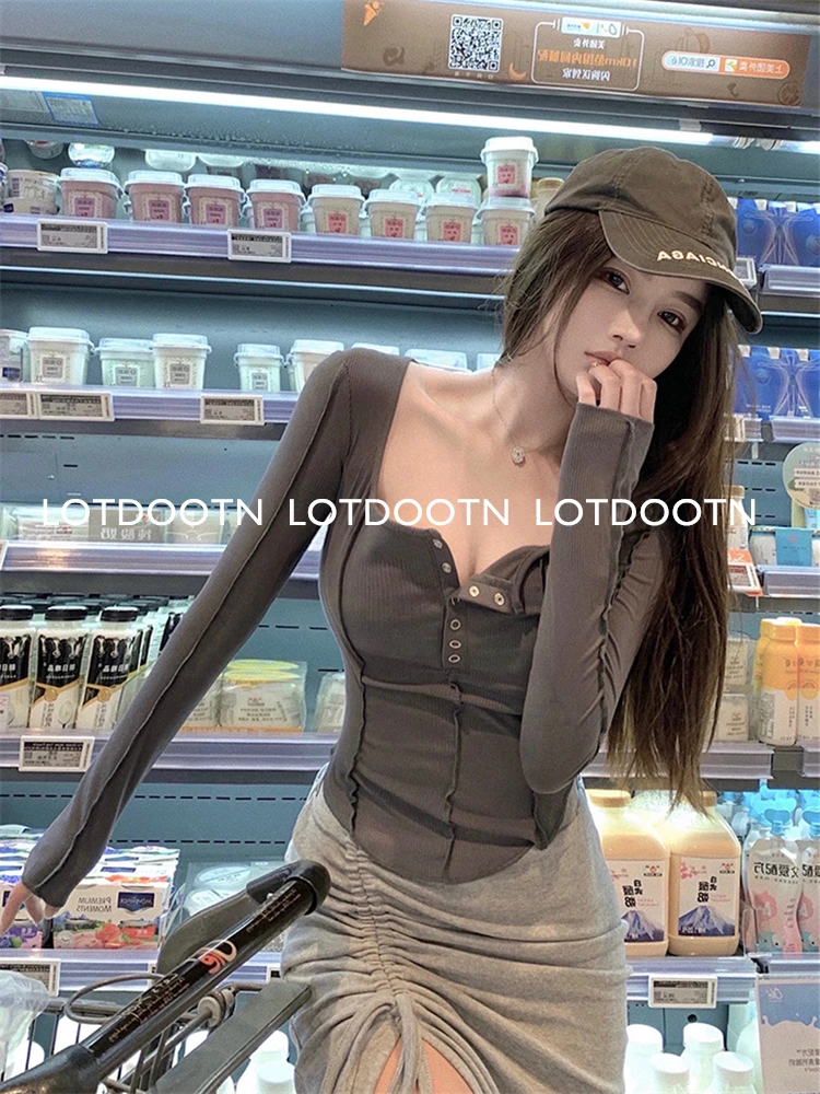 LOTDOOTN Grunge Clothes Button Up Lady Crop Top Sexy Women Button Up Women Summer Spring Slim Fit Long Sleeve Y2K Streetwear New