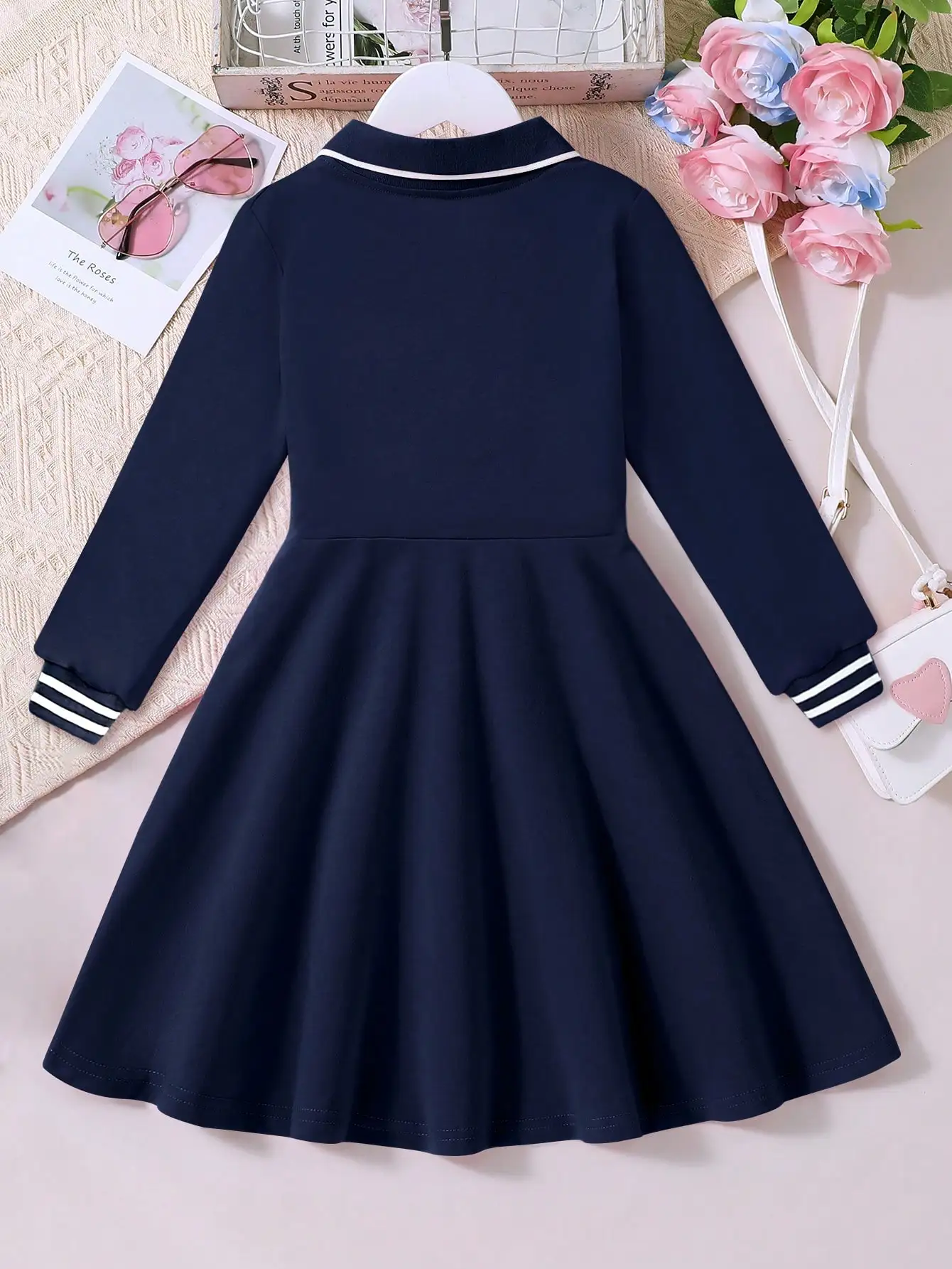 Young Girl Solid Color Half-Open Chest Dress, Spring/Autumn