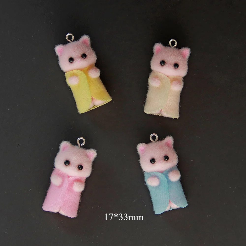 30Pcs 3D Kawaii Cat in clothes Charms Cartoon Animal Flocking Resin Pendant For Making Earrings Keychain Accessories Supplies