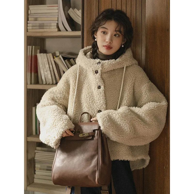 سترة قصيرة من صوف الضأن بغطاء للرأس دافئة كاجوال كورية شتوية من johnature معاطف نسائية بسيطة متعددة الاستخدامات #1