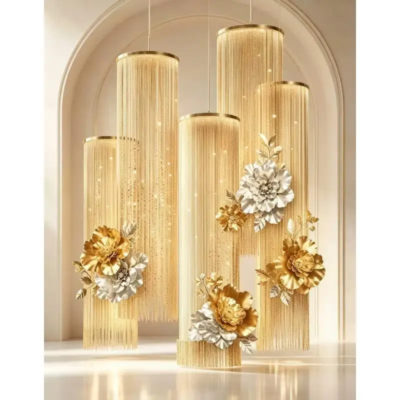 6pcs Luxury Gold Frame With String Curtains Circular Partitions Tassels Ferris Wheel Roundels  Ceiling Scenes For Party Hall