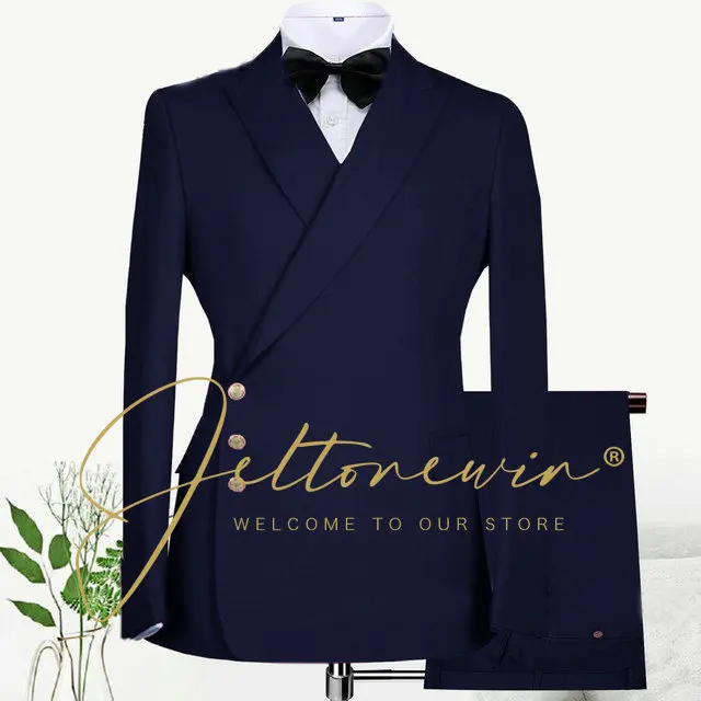 

Latest Design Mens Suit Double Breasted Jacket Pants Set Wedding Tuxedo Navy Blue Party Dresses Male Formal Blazer