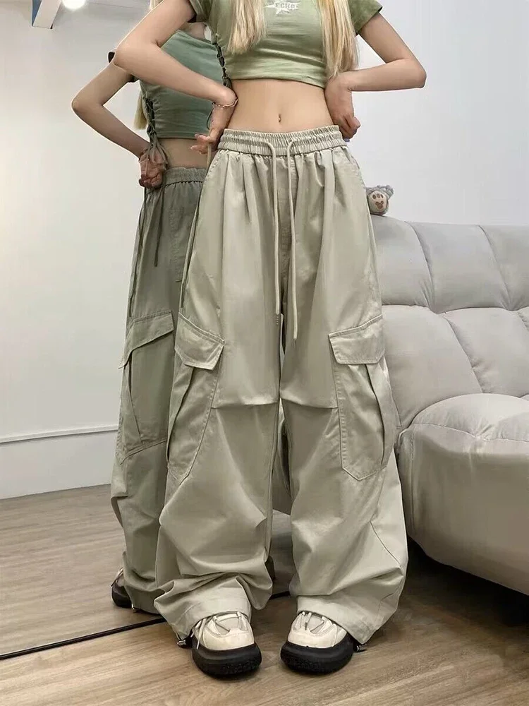 American Vintage Women Cargo Pants Y2K Hip Hop Streetwear Loose Pocket Wide Leg Pants Bf High Waist Casual Straight Trousers