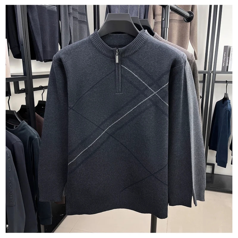 Men's New Thickened Turtleneck Knitwear Autumn Winter New Zipper Solid Color Sweater Middle Aged Warm Knit Top
