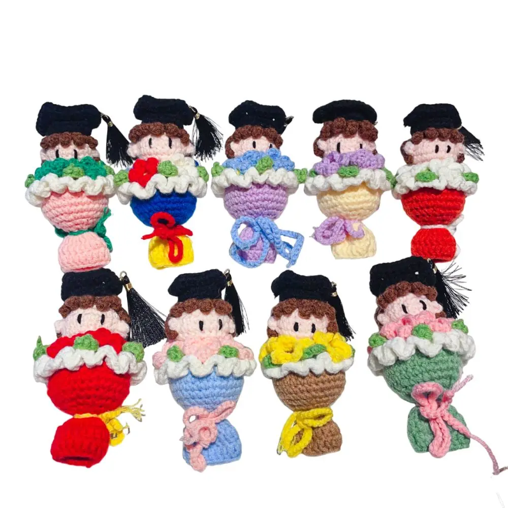 Funny Knitted Graduation Doll 13cm Cute Crochet Bouquet Kawaii Finished Craft Doctor Hat Bouquet Doll Students Gift