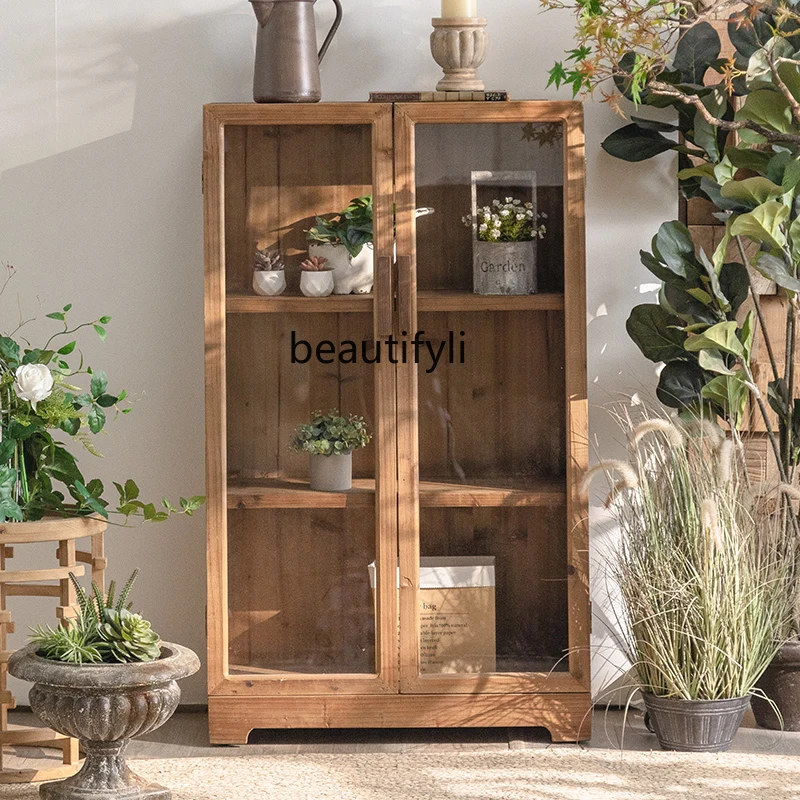 American solid wood wine cabinet display display cabinet glass door multi-layer retro old pine bookcase