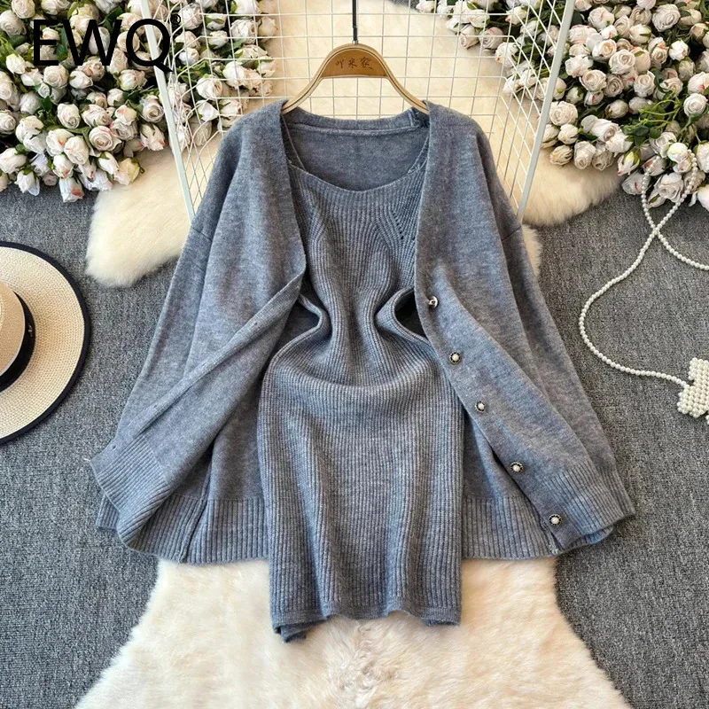 EWQ Elegant Korean Style Knitted 2 Piece Set For Women Casual Strapless A-line Dress＋Single Breasted Coat 2025 Spring New 27X903